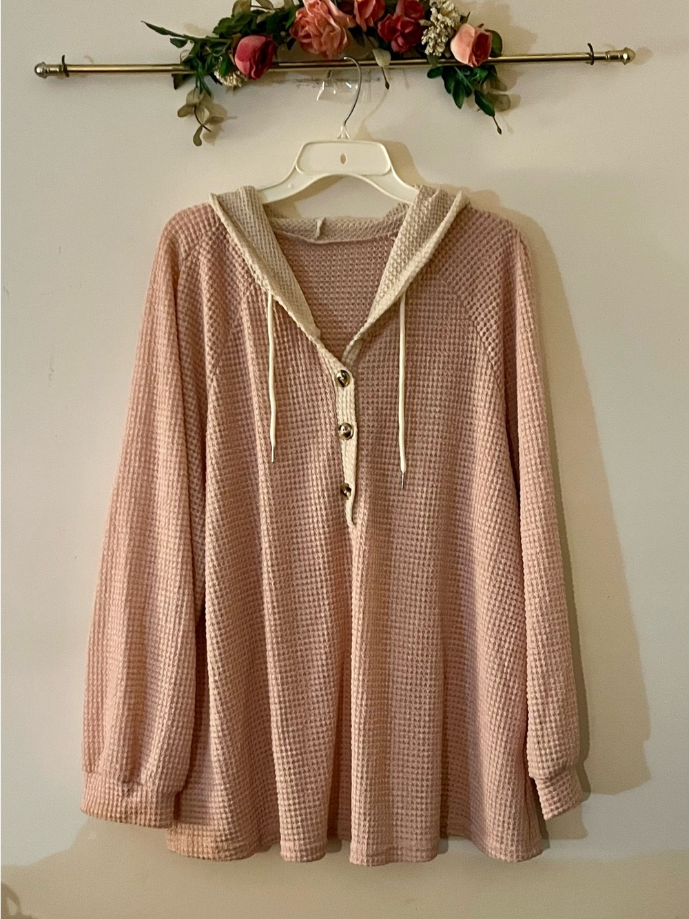 Waffle-Knit Hooded Button Tunic - Soft Pink